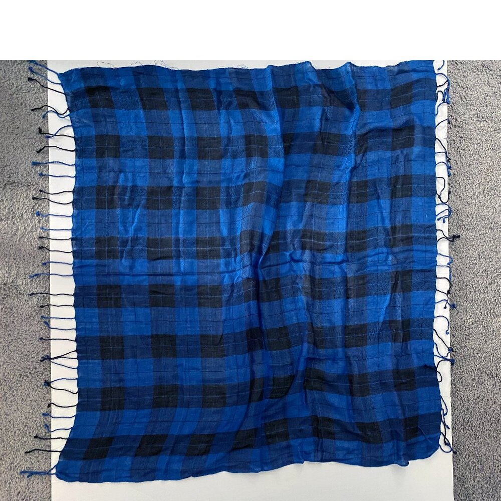 BLUE TARTAN PLAID COTTON LIGHTWEIGHT SCARF